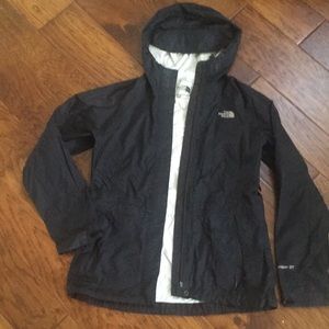 north face rain jacket. feminine cinched waist.